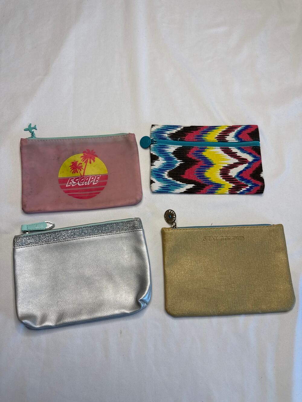 Ipsy Bag Bundle Lot of 4 Pink Escape Silver Stay Golden Zigzag Colorful